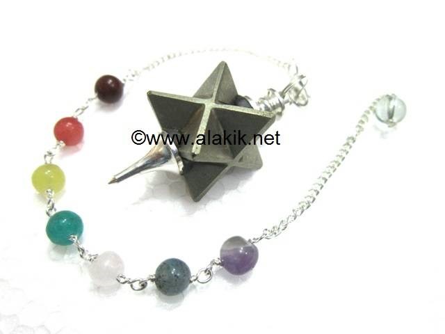 Show details for Pyrite Merkaba Metal Mounted Pendulum with Chakra Chain Picture of Pyrite Merkaba Metal Mounted Pendulum with Chakra Chain