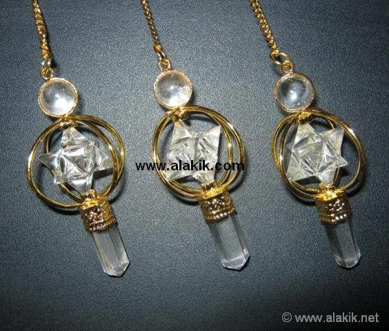 Picture of Crystal Quartz Spinning Merkaba Golden plated pendulum