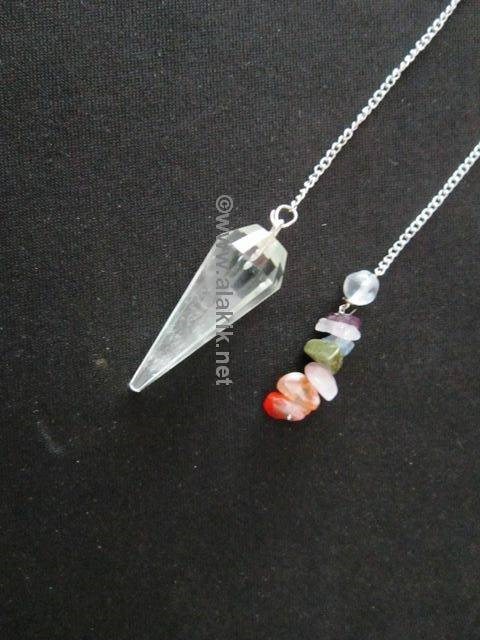 Picture of Crystal Quartz Pendulum with chakra chips hanging