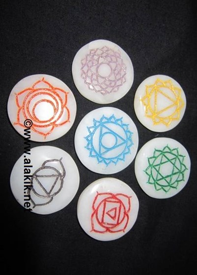 Picture of White Agate Engrave Chakra colourful Disc set