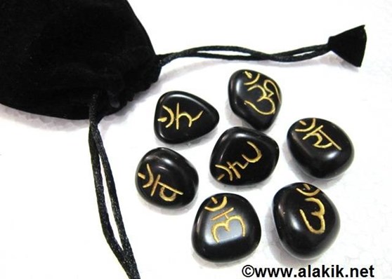 Picture of Black Agate Sanskrit tumble stone set with pouch