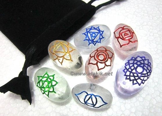 Picture of Crystal Quartz Lingam Colourful Engrave Chakra Set with pouch