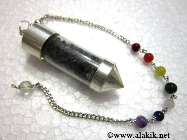 Picture of Black Tourmaline Chips chamber pendulum with chakra chain