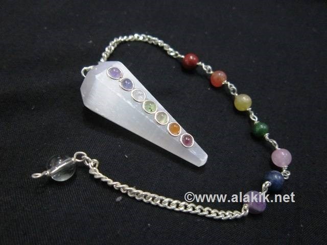 Picture of Selenite Pendulum with Chakra Cabs and chakra chain