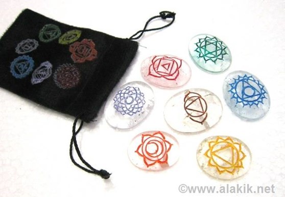Picture of Crystal Quartz Chakra Colourful Worrystone Set with chakra colourful pouch