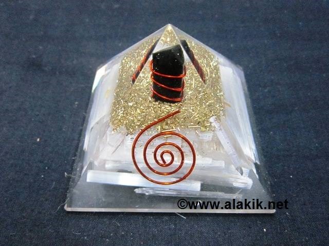 Picture of Orgone Selenite Reiki Pyramid With Black Tourmaline pencil