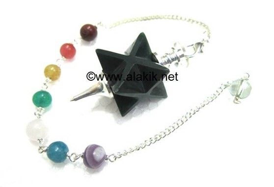 Picture of Black Agate Merkaba Metal Mounted Pendulum with Chakra Chain