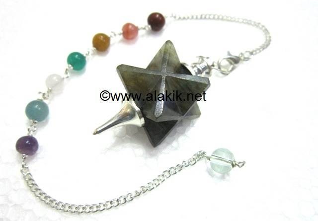 Picture of Labradorite Merkaba Metal Mounted Pendulum with Chakra Chain