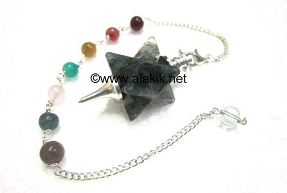 Picture of Moss Agate Merkaba Metal Mounted Pendulum with Chakra Chain