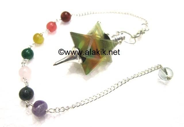 Picture of Rainbow Flourite Merkaba Metal Mounted Pendulum with Chakra Chain
