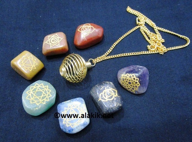 Picture of Golden Spring Cage Necklace with Engrave Chakra Tumble set
