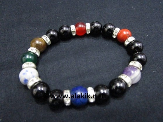 Picture of Black Obsidian Chakra 10mm Elastic Bracelet with Diamond ring
