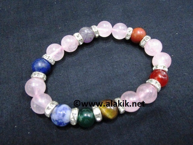 Picture of Rose Quartz Chakra 10mm Elastic Bracelet with Diamond ring