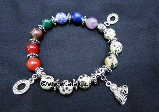 Picture of Dalmatian Jasper Chakra 10mm Elastic Bracelet with Charms