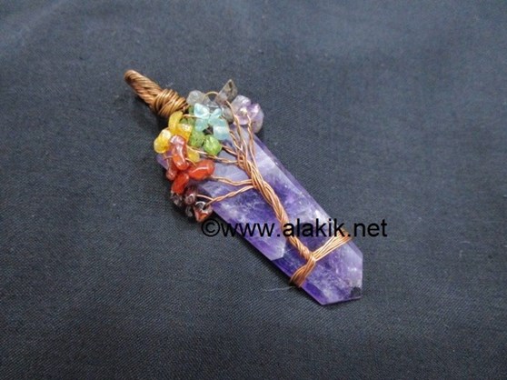 Picture of Amethyst Flat Stick Chakra Tree of life Copper pendant