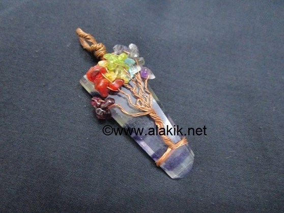Picture of Purple Flourite Flat Stick Chakra Tree of life Copper pendant