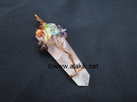Picture of Rose Quartz Flat Stick Chakra Tree of life Copper pendant