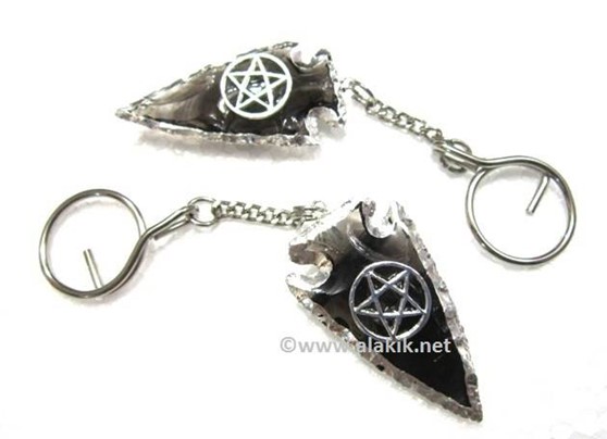 Picture of 2inch Black Obsidian Electroplated keyring with pentagram