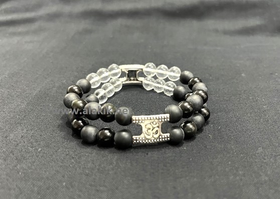 Picture of Black Obsidian Matte with Crystal Quartz Double line Bracelet with OM Charm