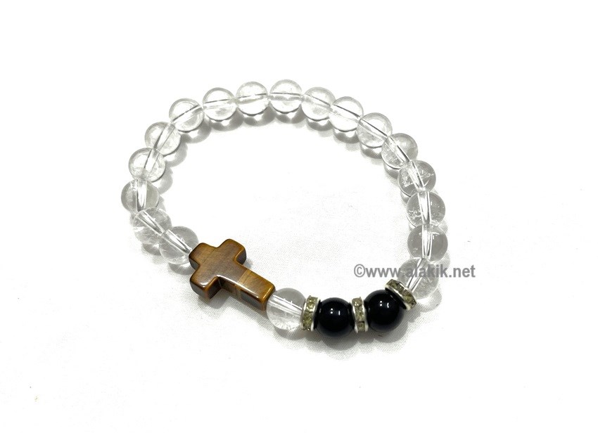 Picture of Crystal Quartz Tiger Eye Cross Bracelet with Diamond Ring