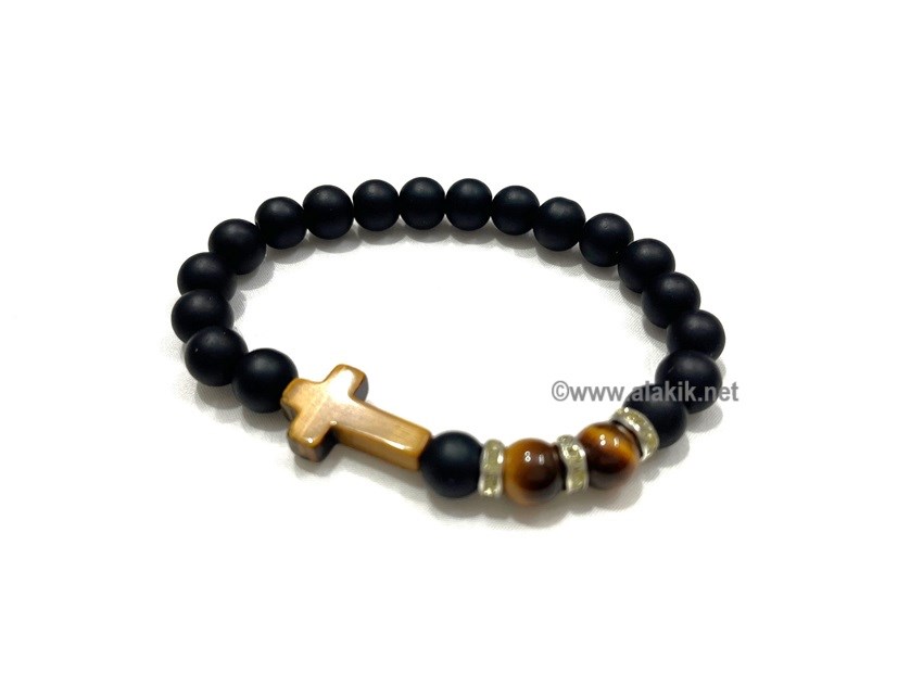 Picture of Matte Black Obsidian Tiger Eye Cross Bracelet with Diamond Ring